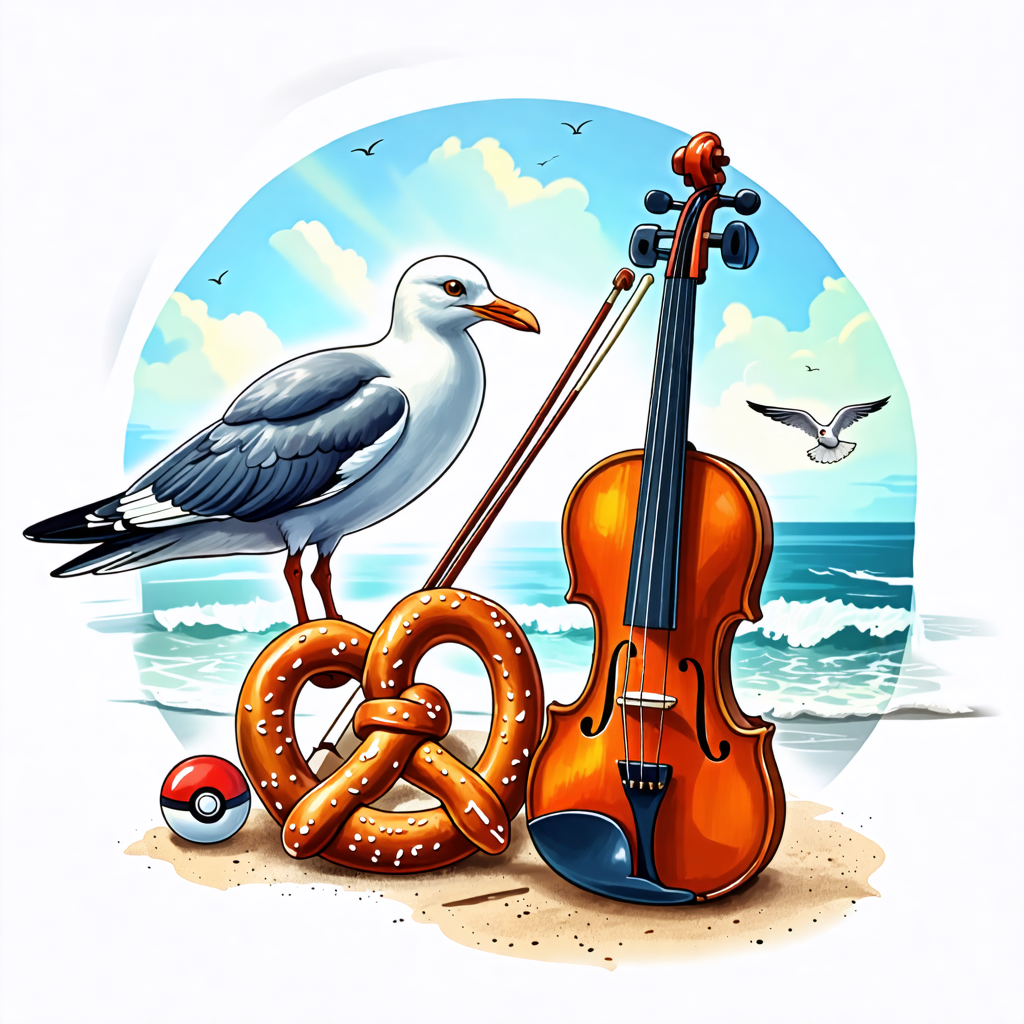 violin, pretzel, tattoo, seagull, pokeball