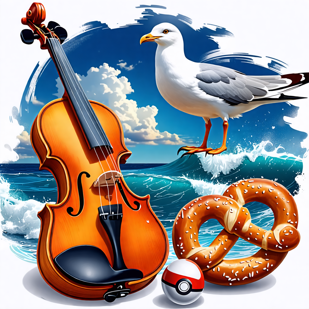 violin, pretzel, tattoo, seagull, pokeball