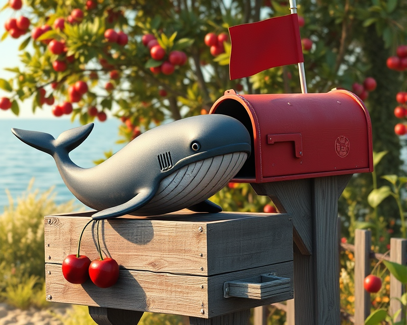 whale, box, cherry, flag, mailbox