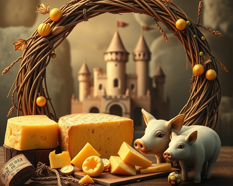 wreath, cheese, castle, pig, gold