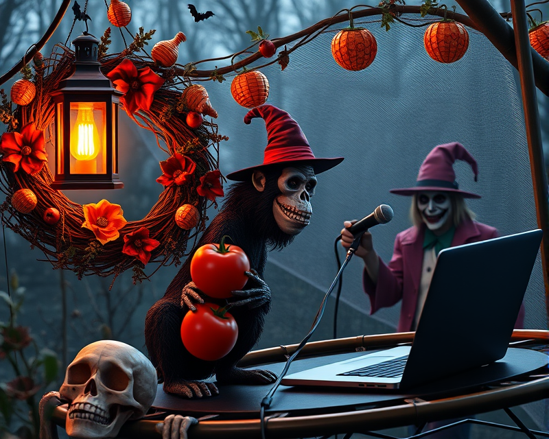 wreath, lantern, skeleton, witch, monkey, tomato, trampoline, spiderman, joker, microphone, laptop