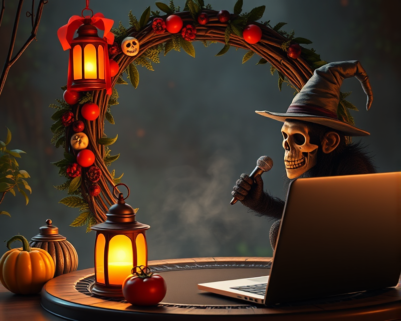 wreath, lantern, skeleton, witch, monkey, tomato, trampoline, spiderman, joker, microphone, laptop