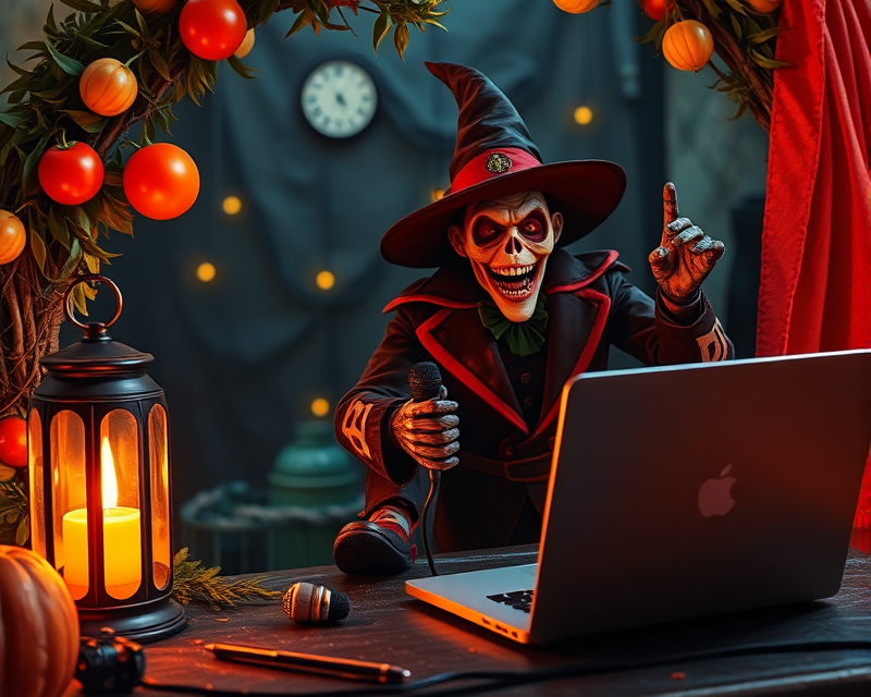 wreath, lantern, skeleton, witch, monkey, tomato, trampoline, spiderman, joker, microphone, laptop